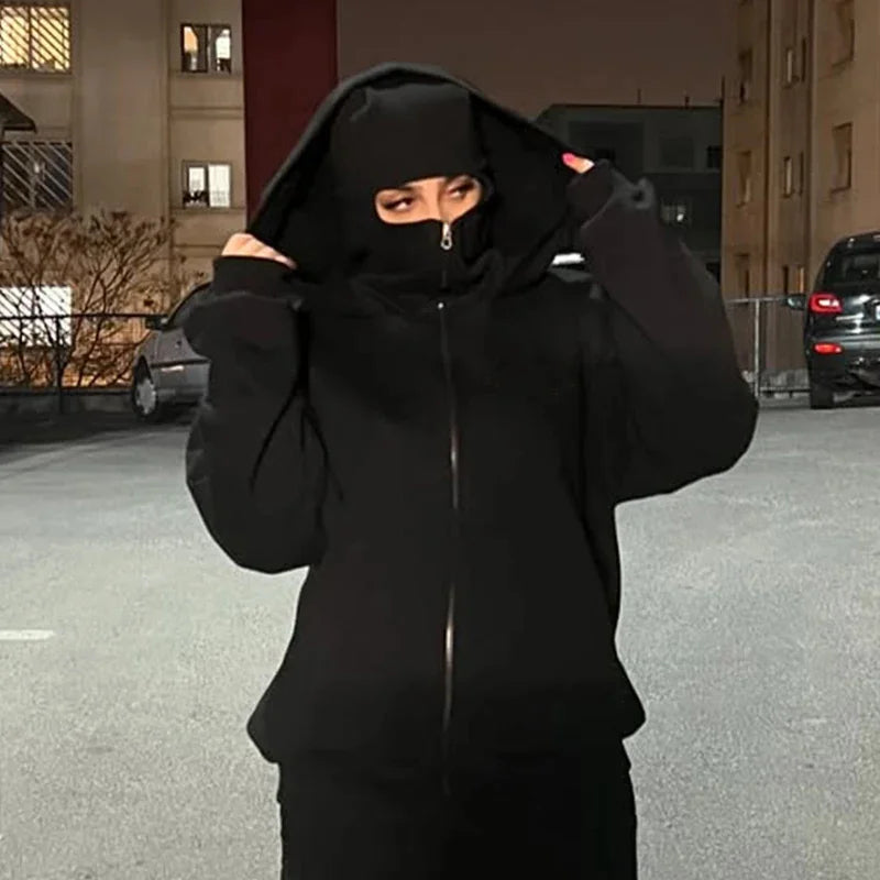 Balaclava Hoodie – Ninja Hoddie Double Hooded Zip-Up Windproof Sweatshirt with Built-In Warm Mask