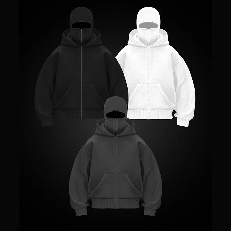 Balaclava Hoodie – Ninja Hoddie Double Hooded Zip-Up Windproof Sweatshirt with Built-In Warm Mask