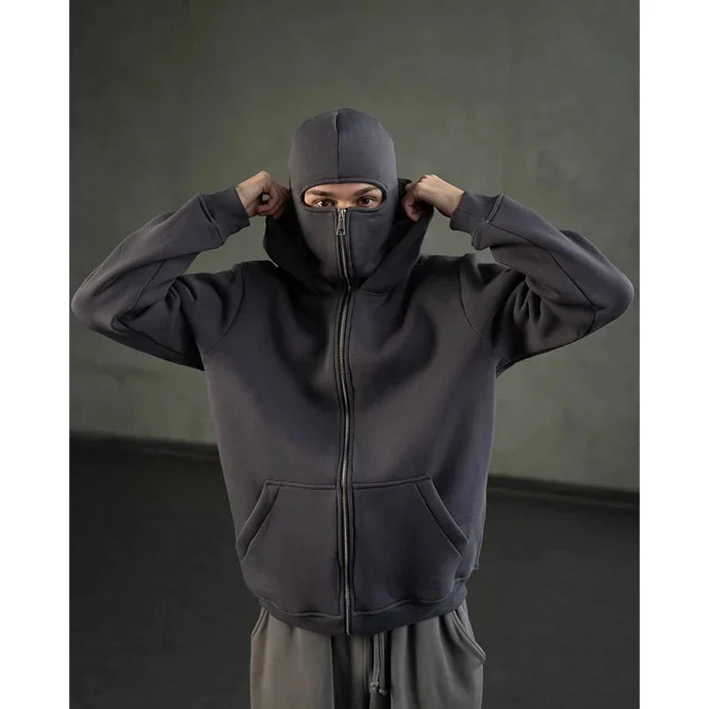 Balaclava Hoodie – Ninja Hoddie Double Hooded Zip-Up Windproof Sweatshirt with Built-In Warm Mask