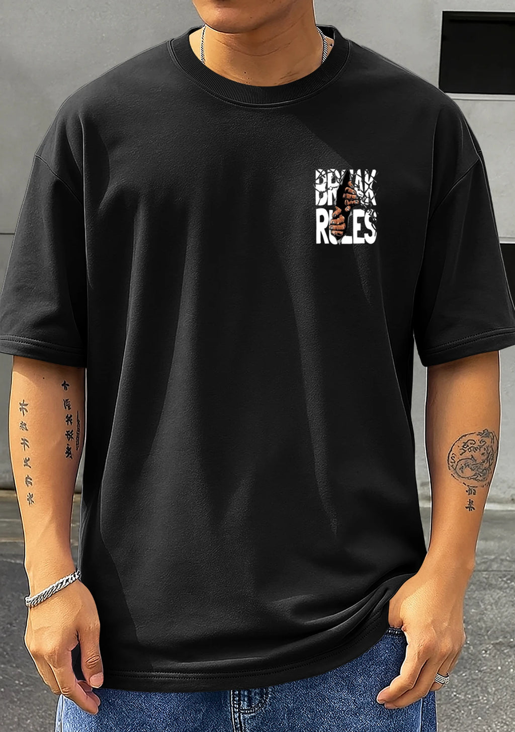 Kawachine men's Black printed t-shirt casual fit with graphic hand 'BREAK THE RULES' design on front and back, Long sleeves, round neck, ideal for everyday casual outings Down Sholder