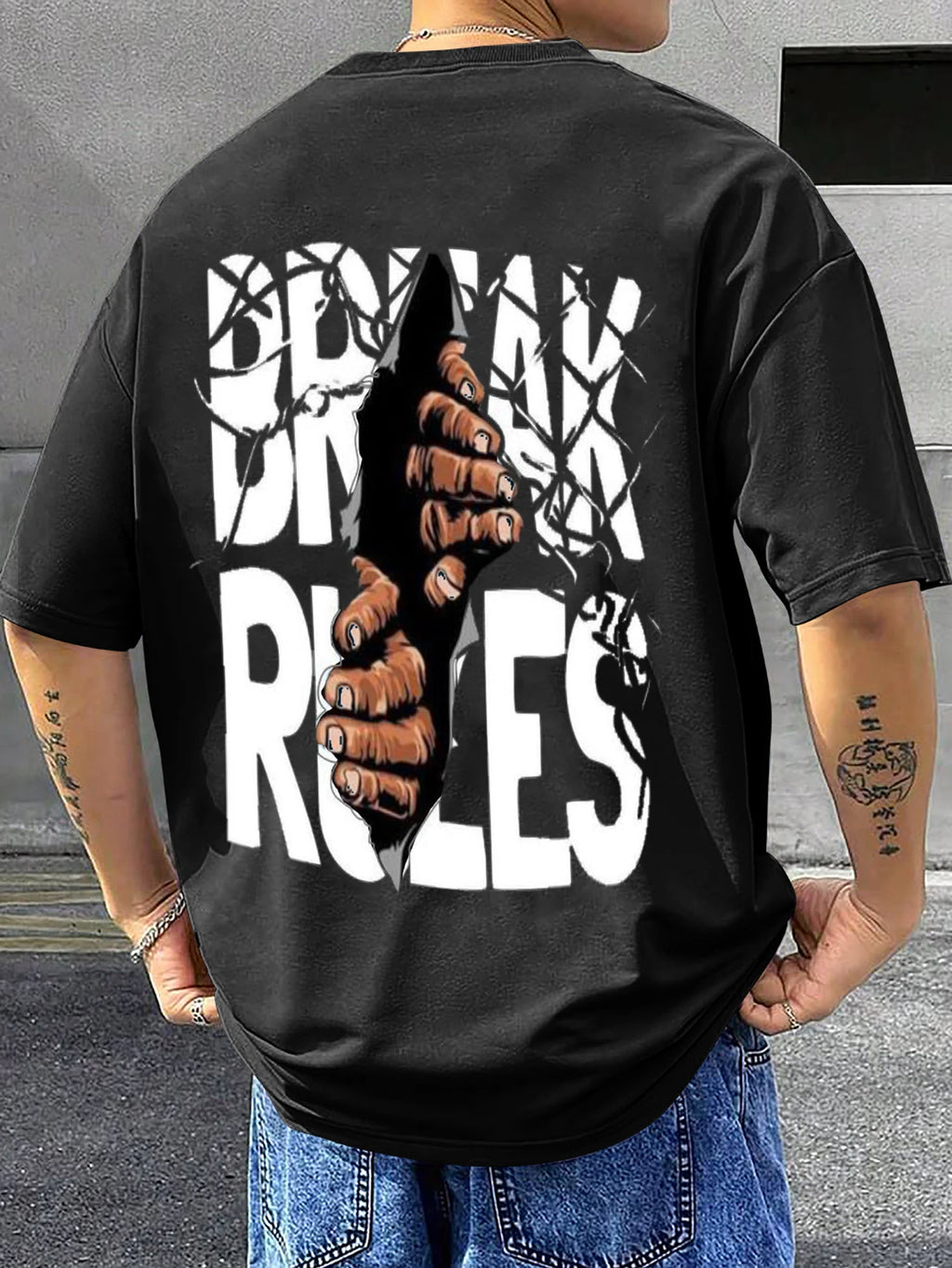 Kawachine men's Black printed t-shirt casual fit with graphic hand 'BREAK THE RULES' design on front and back, Long sleeves, round neck, ideal for everyday casual outings Down Sholder