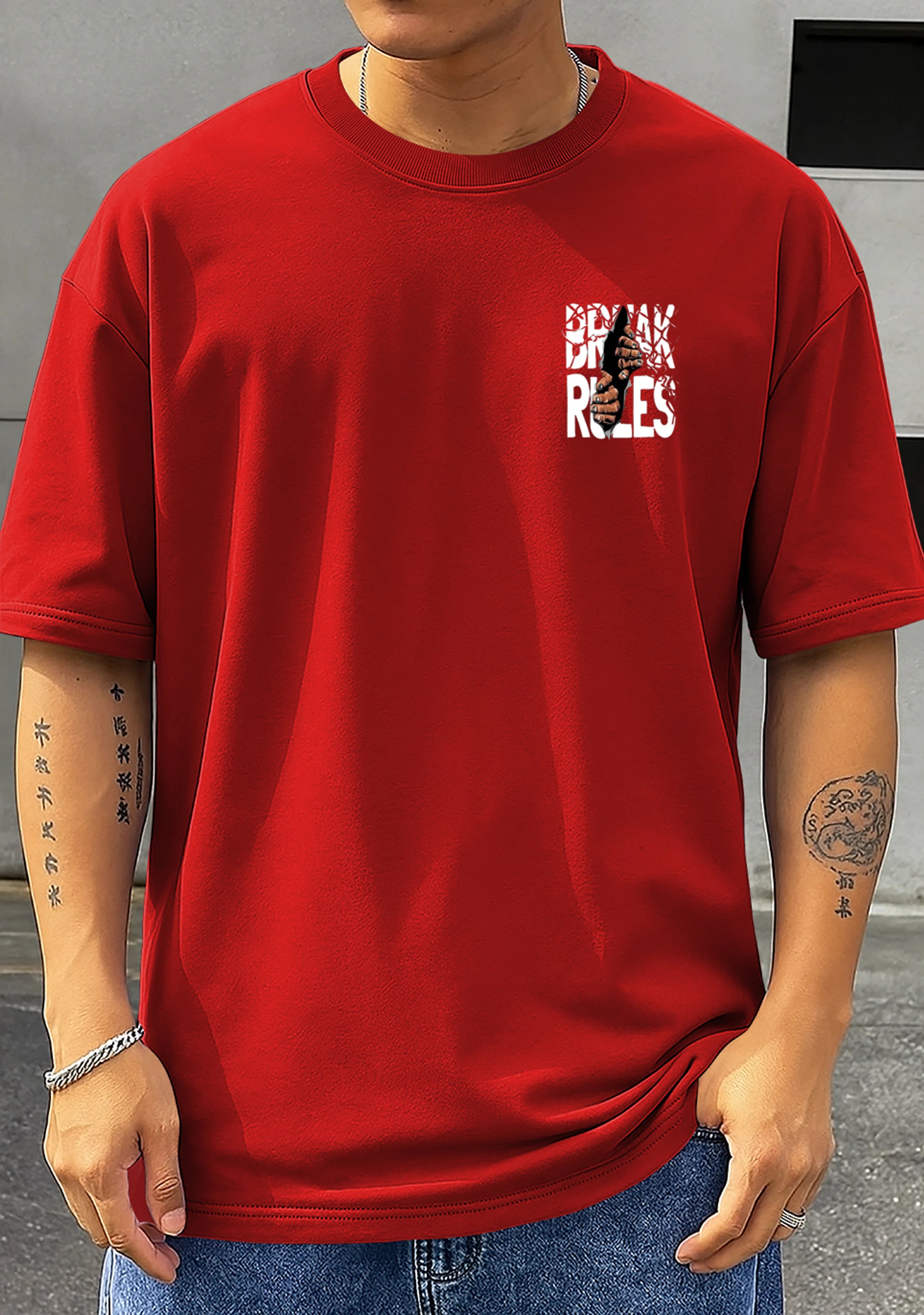 Kawachine men's red printed t-shirt casual fit with graphic hand 'BREAK THE RULES' design on front and back, Long sleeves, round neck, ideal for everyday casual outings Down Sholder
