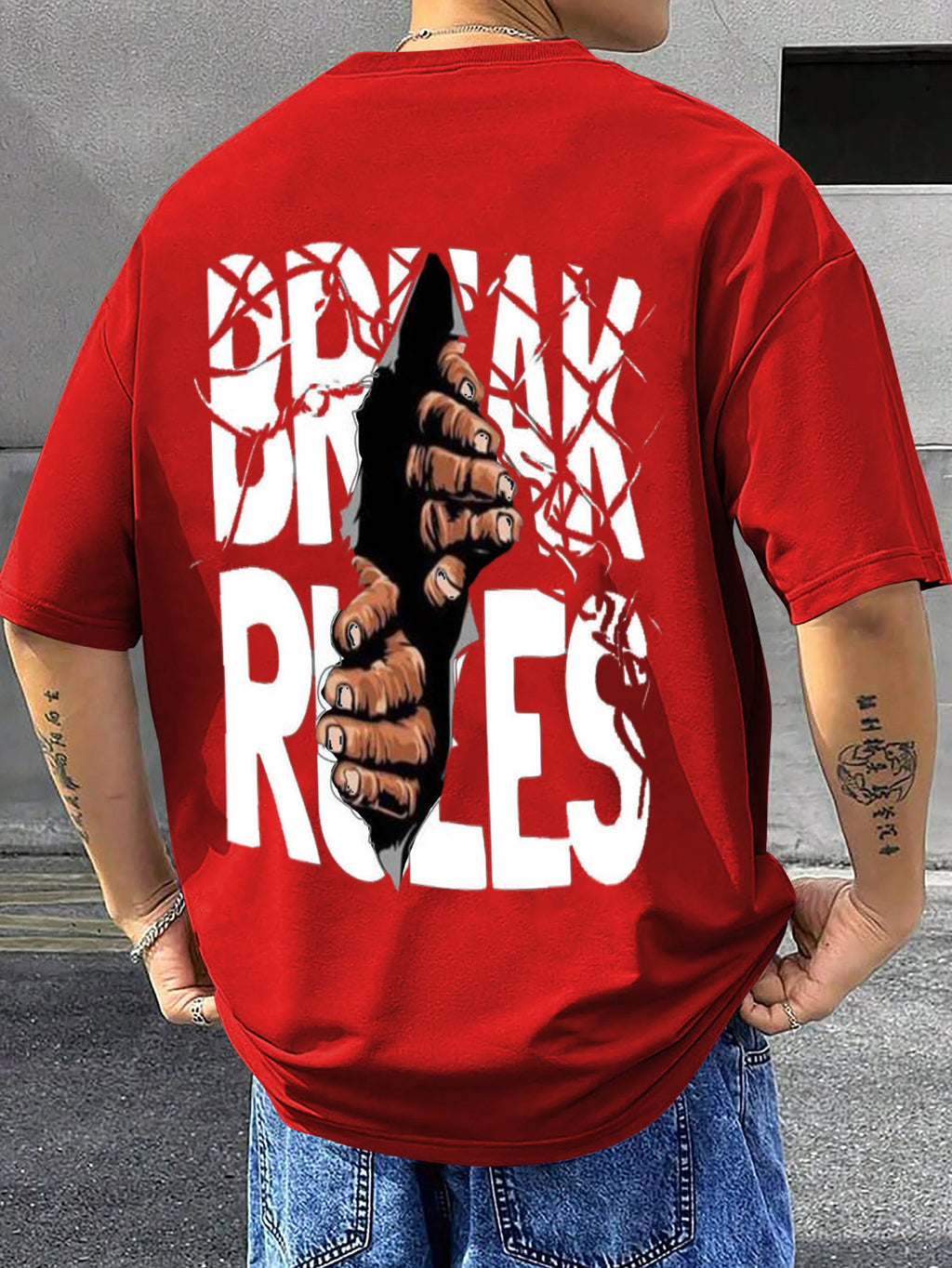 Kawachine men's Black printed t-shirt casual fit with graphic hand 'BREAK THE RULES' design on front and back, Long sleeves, round neck, ideal for everyday casual outings Down Sholder